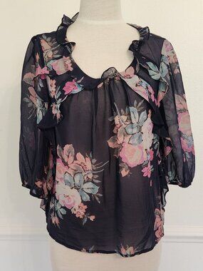 Leifsdottir Sheer Navy Floral Blouse With Ruffled Neckline & 3/4 Sleeves Size S